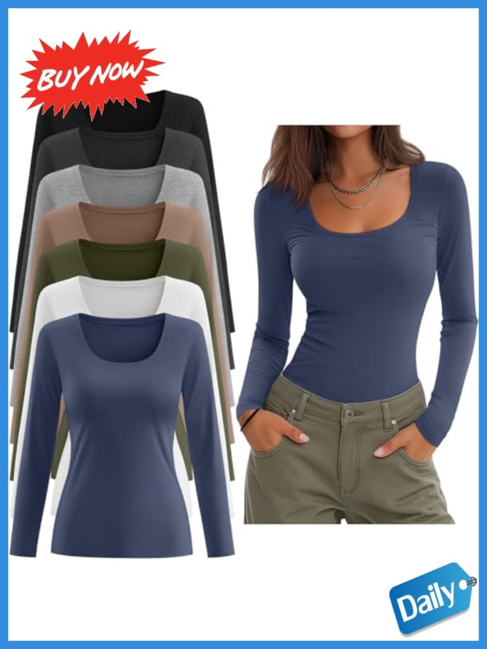 Women's Slim Fit Scoop Neck Long Sleeve T-Shirts 7 Pack Cotton Blend